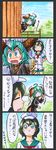  4koma ahoge alternate_costume animal_ears aqua_eyes aqua_hair blush_stickers comic green_hair hand_on_hip hat highres kasodani_kyouko kawachi_koorogi marker_(medium) multiple_girls murasa_minamitsu tail touhou traditional_media translated trembling 