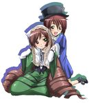  blush brown_hair drill_hair gloves green_eyes hat headdress heterochromia hug hug_from_behind kneeling long_hair multiple_girls red_eyes rozen_maiden short_hair siblings sisters souseiseki suiseiseki top_hat toryuu twins very_long_hair white_gloves 