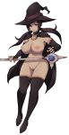 1girl areolae black_hair breasts cape collarbone full_body hat highres lamb-oic029 large_breasts long_hair looking_at_viewer navel nipples nude original parted_lips red_eyes simple_background solo staff thighhighs white_background witch witch_hat 