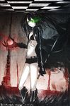  bikini_top black_hair black_rock_shooter black_rock_shooter_(character) boots burning_eye green_eyes gun highres litlicha long_hair midriff navel pale_skin scar shorts solo star sword twintails very_long_hair weapon 