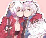  bad_id bad_pixiv_id beltbra birthday_cake brothers cake cheek-to-cheek coat cravat dante_(devil_may_cry) devil_may_cry devil_may_cry_3 fingerless_gloves food gloves grin multiple_boys open_clothes open_coat popped_collar short_hair siblings smile sorceress_(akaponu) v vergil white_hair 