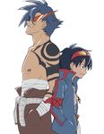  armband back-to-back blue_hair core_drill goggles goggles_on_head hands_in_pockets jacket kamina kamina_shades lowres male_focus multiple_boys sarashi shirtless simon smile tattoo tengen_toppa_gurren_lagann water_blue white_background 