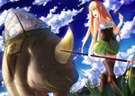  bare_shoulders blonde_hair boots breasts flower green_eyes horn jewelry long_hair medium_breasts monster necklace open_mouth phantania pixiv_fantasia pixiv_fantasia_sword_regalia polearm rhinoceros spear striped striped_legwear thighhighs vertical-striped_legwear vertical_stripes weapon 