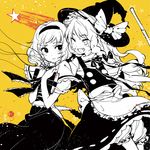  alice_margatroid fang hat kirisame_marisa lowres monochrome multiple_girls one_eye_closed reika_(clovia_studio) star touhou witch_hat 