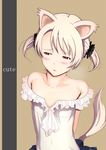  animal_ears bare_shoulders blush english halcyon original parted_lips red_eyes silver_hair skirt solo tail upper_body 