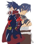  armband back-to-back blue_hair crossed_arms goggles goggles_on_head hands_in_pockets jacket kamina kamina_shades male_focus multiple_boys older sarashi shirtless simon smile tattoo tengen_toppa_gurren_lagann water_blue white_background 