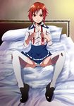  bed bed_sheet hair_ornament hino_akane_(smile_precure!) nanairogaoka_middle_school_uniform nof panties ponytail precure red_eyes red_hair school_uniform short_hair sitting skirt sleeves_rolled_up smile smile_precure! solo spread_legs thighhighs underwear undressing 
