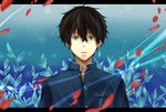  bad_id bad_pixiv_id blue_background brown_hair de-clinker face gakuran green_eyes highres hyouka leaf letterboxed male_focus oreki_houtarou petals school_uniform solo 