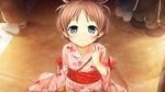  blue_eyes brown_hair cura game_cg hair_up hands highres japanese_clothes jewelry kimono looking_at_viewer monobeno non-web_source petite pink_kimono ring sawai_natsuha smile wallpaper yukata 