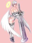 angel_wings bad_id bad_pixiv_id bare_shoulders breasts cleavage halo huge_weapon jpeg_artifacts kusagami_style large_breasts legs original pointy_ears signature simple_background solo sword thighhighs thighs weapon white_hair white_legwear wings 