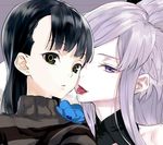  black_hair face flower green_eyes inga kawakami_rokkaku lavender_hair looking_at_viewer multiple_girls purple_eyes sasa_kazamori tongue tongue_out turtleneck un-go yuri 