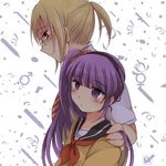  1boy 1girl alternate_costume blonde_hair blush glasses hairband hoshihuri purple_eyes purple_hair richard_(tales_of_graces) school_uniform sophie_(tales) sophie_(tales_of_graces) tales_of_(series) tales_of_graces yellow_eyes 