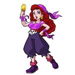  absurdres bandana bare_shoulders big_hair boots brown_hair capri_pants captain_syrup coin earrings eyeliner hand_on_hip highres jewelry lipstick long_hair makeup official_art pants red_eyes skull solo tank_top wario_land 