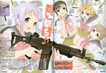  :d absurdres assault_rifle blue_eyes blush bow bowtie brown_hair copyright_name fn_fnc fnc_(upotte!!) gun hair_bun hair_ornament hairclip highres l85a1_(upotte!!) m16a4_(upotte!!) magazine_scan multiple_girls newtype nishiya_yasushi no_nose official_art open_mouth orange_hair purple_eyes red_eyes rifle scan school_uniform serafuku sg550_(upotte!!) short_hair silver_hair smile takami_akio upotte!! watch weapon wristwatch 