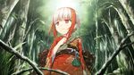  bag cura forest game_cg grass handbag highres japanese_clothes kimono leaf monobeno multicolored_hair nature non-web_source obi petite red_eyes red_hair sash solo sumi_(monobeno) tree two-tone_hair wallpaper white_hair 