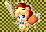 ahoge aka_kitsune animal_costume artoria_pendragon_(all) bad_id bad_pixiv_id blonde_hair blue_eyes boned_meat checkered checkered_background dual_wielding excalibur fang fate/stay_night fate/tiger_colosseum fate_(series) food holding lion_costume meat ribbon saber_lion solo sword tail weapon 