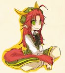  ahoge barefoot blush bow dragon_girl dragon_tail fang green_eyes hat hong_meiling horns kemonomimi_mode long_hair monster_girl pants pointy_ears red_hair sitting smile solo star tail touhou v_arms yuuta_(monochrome) 