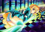  :o ahoge aka_kitsune artoria_pendragon_(all) bad_id bad_pixiv_id blonde_hair blush checkered checkered_floor dress elbow_gloves excalibur fate/stay_night fate_(series) frills gloves glowing green_eyes hair_ribbon highres lying on_side panties ribbon saber solo striped striped_panties sword thighhighs underwear weapon 