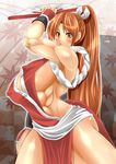  alop-net blush breasts brown_eyes brown_hair fan fatal_fury highres japanese_clothes king_of_fighters long_hair macto muscle ponytail shiranui_mai sideboob snk 