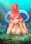  1girl black_hair blue_eyes breast_rest breasts bubble chin_rest cleavage coral crossed_arms fish giantess grin hat highres indian_style large_breasts long_hair mermaid monkey_d_luffy monster_girl one_piece pink_hair ren108 shirahoshi sitting size_difference smile straw_hat underwater 