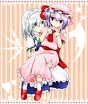 apron arms_up ascot bad_id bad_pixiv_id bat_wings blouse bow braid carrying dress_shirt frills frown grey_eyes hair_bow hand_on_shoulder hand_on_thigh hat hat_ribbon heart izayoi_sakuya kneehighs knife lavender_hair light_smile looking_at_another maid_headdress multiple_girls princess_carry puffy_sleeves red_eyes remilia_scarlet ribbon scarlet_0915 shirt shoes short_hair short_sleeves silver_hair single_braid skirt standing star striped striped_background touhou vest white_legwear wings 