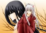  1girl animal_ears black_hair closed_eyes dog_ears inuyasha inuyasha_(character) japanese_clothes jewelry kikyou_(inuyasha) light_smile long_hair necklace profile setomi silver_hair wide_sleeves yellow_eyes 