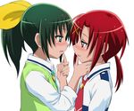  blush commentary_request couple eye_contact green_eyes green_hair green_neckwear hair_ribbon hair_tie hino_akane_(smile_precure!) imminent_kiss long_hair looking_at_another midorikawa_nao multiple_girls nanairogaoka_middle_school_uniform necktie open_mouth precure profile red_eyes red_hair ribbon school_uniform simple_background sleeves_rolled_up smile_precure! suzushiro_yukari sweater_vest upper_body white_background yuri 