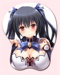  bangs black_hair blush bow breast_mousepad breasts cleavage embarrassed gem hair_bow hair_ornament highres large_breasts long_hair monchi_(kashiwa2519) mousepad neptune_(series) noire red_eyes ribbon simple_background solo twintails 