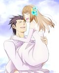  1boy 1girl alvin_(tales) alvin_(tales_of_xillia) bare_shoulders breasts brown_hair dress eyes_closed flower formal leia_roland leia_rolando long_hair open_mouth short_hair suit tales_of_(series) tales_of_xillia wedding_dress 