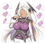  breasts commentary_request dark_skin hair_intakes head_wings huge_breasts kamyuria long_hair mel/a one_eye_closed pink_eyes pointing pointing_at_self pointy_ears shingeki_no_bahamut sketch solo translated uniform very_long_hair white_hair 