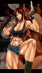  abs armpits bad_id bad_pixiv_id beretta_92 black_lagoon boots breasts brown_eyes brown_hair bursting_breasts cigarette cleavage crop_top cross-laced_footwear cutoffs denim denim_shorts finger_on_trigger fingerless_gloves gloves gun hand_on_hip handgun highres holding holding_gun holding_weapon holster huge_breasts lace-up_boots left-handed lipstick long_hair macto makeup muscle muscular_female pistol ponytail revy_(black_lagoon) short_shorts shorts shoulder_holster slender_waist solo tattoo thick_thighs thighs weapon zoom_layer 