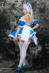  apron bed blue_dress bow cosplay dress female flower highres izayoi_sakuya lenfried photo ribbon silver_hair solo touhou 