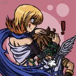  1boy 1girl angel blonde_hair blush eleka kid_icarus kid_icarus_uprising lowres nintendo phosphora pit pit_(kid_icarus) scarf short_hair smirk tongue wings 