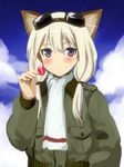  animal_ears blonde_hair blue_sky blush bomber_jacket candy carla_j_luksic cat_ears cloud flight_goggles food goggles goggles_on_head jacket kyougoku_shin lollipop long_hair looking_at_viewer low_twintails noble_witches purple_eyes scarf sky solo twintails upper_body world_witches_series 