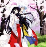  1girl black_hair cati forest hakama hexagon inuyasha japanese_clothes kikyou_(inuyasha) long_hair md5_mismatch miko nature petals pointy_ears red_hakama sesshoumaru silver_hair tree watermark 