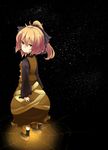  back bad_id bad_pixiv_id blonde_hair blush bow brown_eyes dress glowing hair_bow hati105 kurodani_yamame looking_back ponytail short_hair silk solo spider_web touhou yellow_eyes 