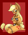  anthro anthrofied apple applejack_(mlp) bdsm blush bondage bound breasts cleavage cloth clothed clothing cutie_mark equine female friendship_is_magic fruit gag green_eyes hair hat horse kloudmutt long_hair mammal my_little_pony navel pony 
