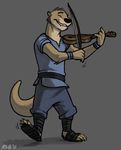 2011 bow_(stringed_instrument) clothing dancing grey_background kobb mammal music musical_instrument mustelid otter pants plain_background solo tunic violin 