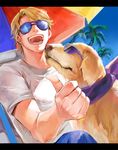  bad_id bad_pixiv_id beach blonde_hair day denim dog happy jeans john_(tiger_&amp;_bunny) keith_goodman letterboxed male_focus megane_(artist) outdoors palm_tree pants shirt solo summer sunglasses t-shirt thumbs_up tiger_&amp;_bunny tree umbrella 