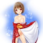  bare_shoulders bob_cut breasts brown_hair clothes_down highres japanese_clothes masturbation nipples no_bra no_panties open_clothes original pussy_juice red_eyes setona_(daice) short_hair small_breasts solo 