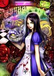  ? alice:_madness_returns alice_(wonderland) alice_in_wonderland american_mcgee's_alice black_hair blood cheshire_cat dice dress english flower green_eyes highres holding jupiter_symbol knife lips long_hair looking_at_viewer nidoro rose smile solo teeth uranus_symbol 