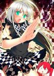  @_@ ahoge aqua_eyes blush body_mahattaya_ginga checkered checkered_background checkered_skirt cthugha_(nyaruko-san) dress drooling fighting_stance haiyore!_nyaruko-san huge_ahoge long_hair looking_at_viewer multiple_girls nyarlathotep_(nyaruko-san) open_mouth saliva silver_hair skirt thighhighs white_legwear zettai_ryouiki 