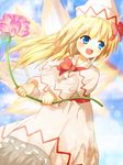  :d blonde_hair blue_eyes bow capelet flower hat highres lily_white open_mouth raira skirt smile solo touhou wings 