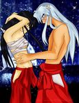  1girl animal_ears armpits arms_up black_hair blush closed_eyes dog_ears groin inuyasha inuyasha_(character) japanese_clothes kikyou_(inuyasha) long_hair mikokikyou105 navel no_eyes no_shirt sarashi shirtless silver_hair 