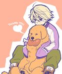  blonde_hair boned_meat dog food im5364 ivan_karelin jacket john_(tiger_&amp;_bunny) letterman_jacket meat purple_eyes purple_jacket tiger_&amp;_bunny 