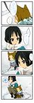  4koma akiyama_mio animal_ears black_hair blush brown_hair comic headband highres k-on! multiple_girls scarf sitting snow squiggle suan_ringo tail tainaka_ritsu translated |_| 