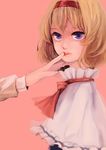  alice_margatroid blonde_hair finger_to_another's_mouth hairband hand_on_another's_face lips meiji_(charisma_serve) out_of_frame purple_eyes shaded_face short_hair simple_background solo_focus touhou 