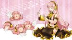  &gt;_&lt; armband bass_clef baton_(instrument) beamed_eighth_notes closed_eyes conductor eating eighth_note hako_(piapro) half_note headphones highres long_hair megurine_luka music musical_note open_mouth pink_hair quarter_note seiza sharp_sign sheet_music sitting skirt smile takoluka thighhighs treble_clef vocaloid wallpaper 