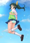  ass green_eyes green_hair hair_ribbon highres jumping looking_back midorikawa_nao nanairogaoka_middle_school_uniform oofuji_wataru open_mouth panties pantyshot ponytail precure ribbon school_uniform short_hair skirt sleeves_rolled_up smile_precure! solo striped striped_panties sweater_vest underwear white_panties 