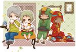  3boys antonio_lopez baozi blonde_hair car child denim dragon_kid eating fire_emblem_(tiger_&amp;_bunny) food green_eyes grey_hair ground_vehicle hood hoodie huang_baoling im5364 jeans lowres motor_vehicle multiple_boys pants rock_bison superhero tiger_&amp;_bunny time_paradox younger yuri_petrov 